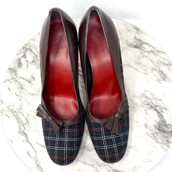 Isabella Fiori Tweed Wool Plaid Dainty Bow Pumps 10 Academia Retro Classic Fall - Picture 6 of 13